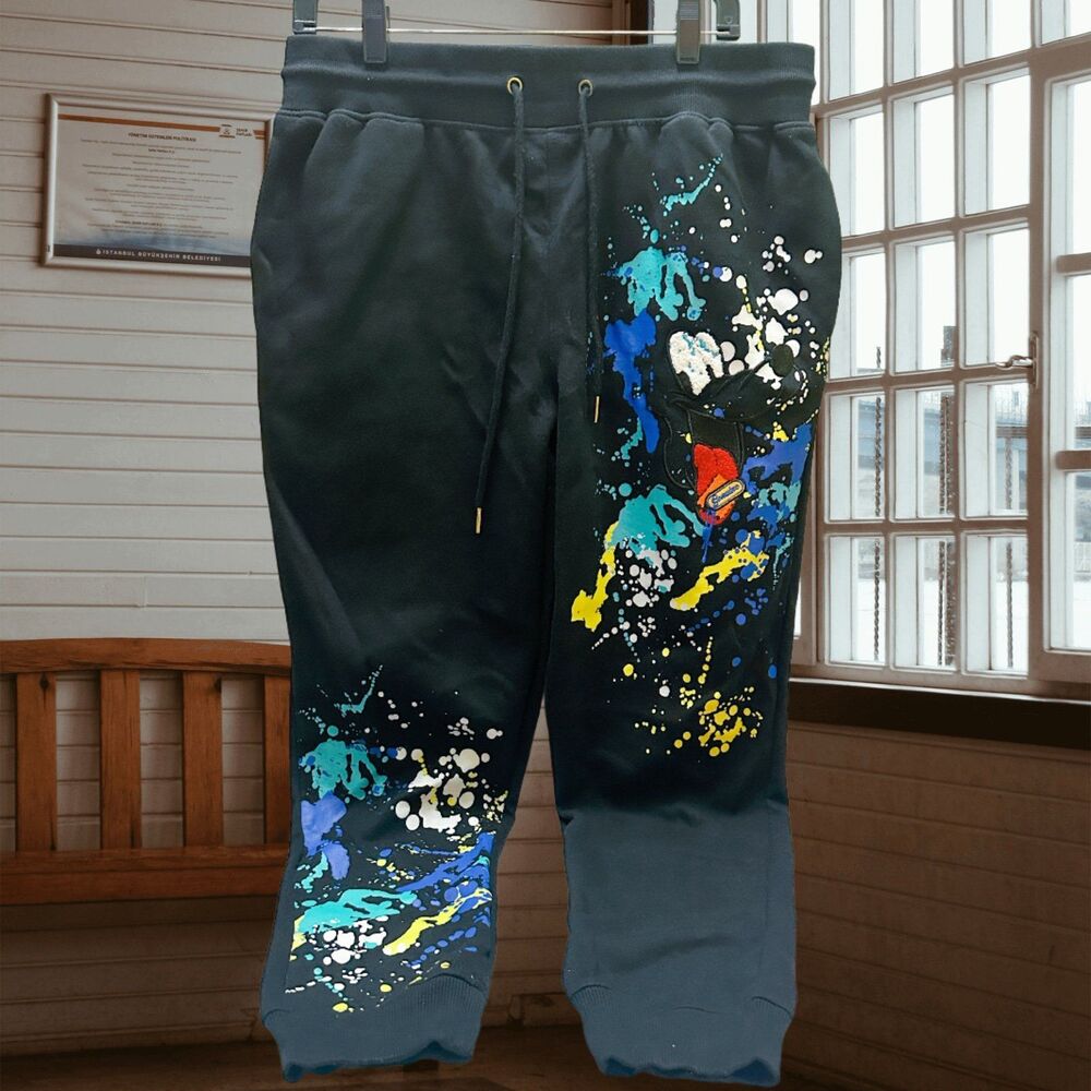 GENUINE AUTHENTIC GARMENTS Men's Artistic Black Sweatpants with Colorful Design